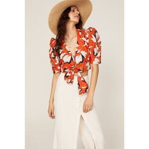 Hunter Bell Olive Orange Floral Print Puff Sleeve Tie Front Cropped Top Size S